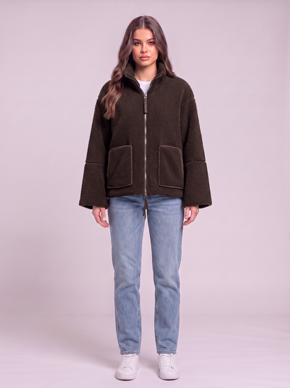 Turtleneck Zip Up Plush Jacket - Dark Brown