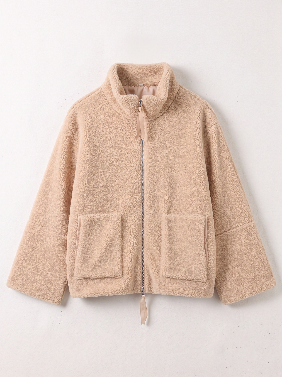 Turtleneck Zip Up Plush Jacket - Tan - flat lay