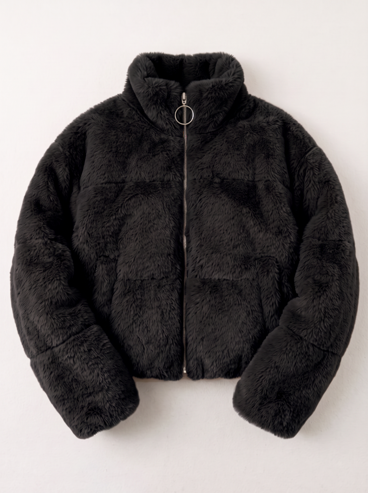 Faux Fur Cropped Zip-Up Jacket - Black - flat lay