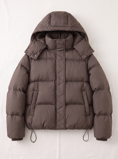 Quilted Hooded Puffer Jacket - Coffee - flat lay