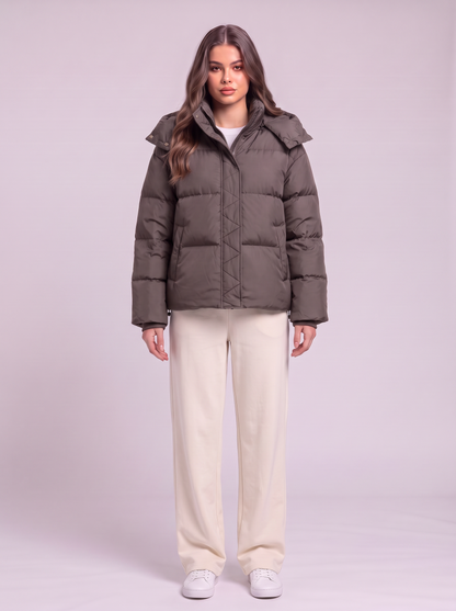 Quilted Hooded Puffer Jacket - Coffee