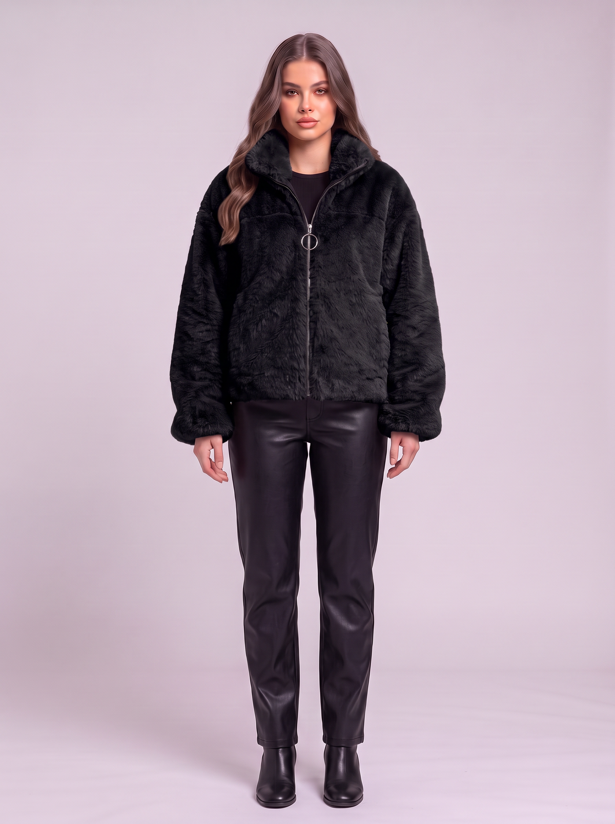 Faux Fur Cropped Zip-Up Jacket - Black