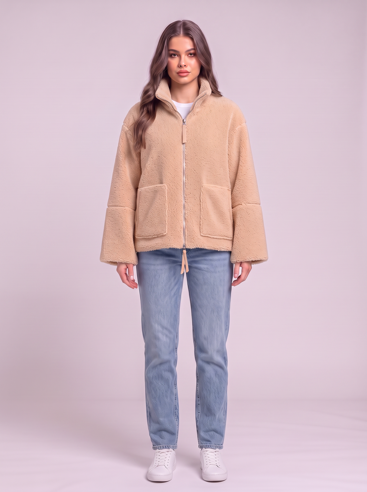 Turtleneck Zip Up Plush Jacket - Tan