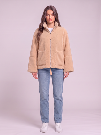 Turtleneck Zip Up Plush Jacket - Tan