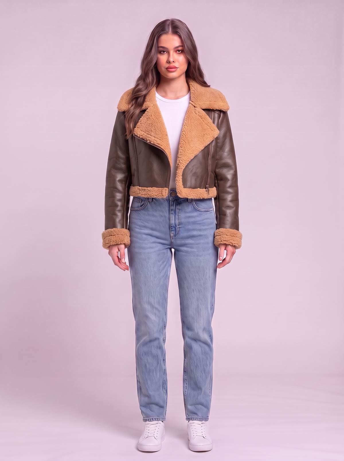 Collared Plush Cropped Jacket - Brown