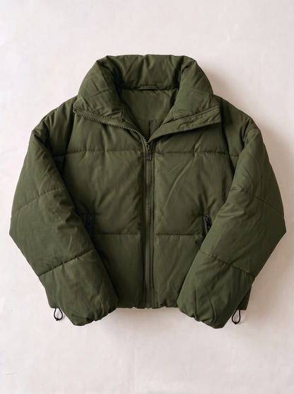 Collared Neck Puffer Coat - Moss - flat lay
