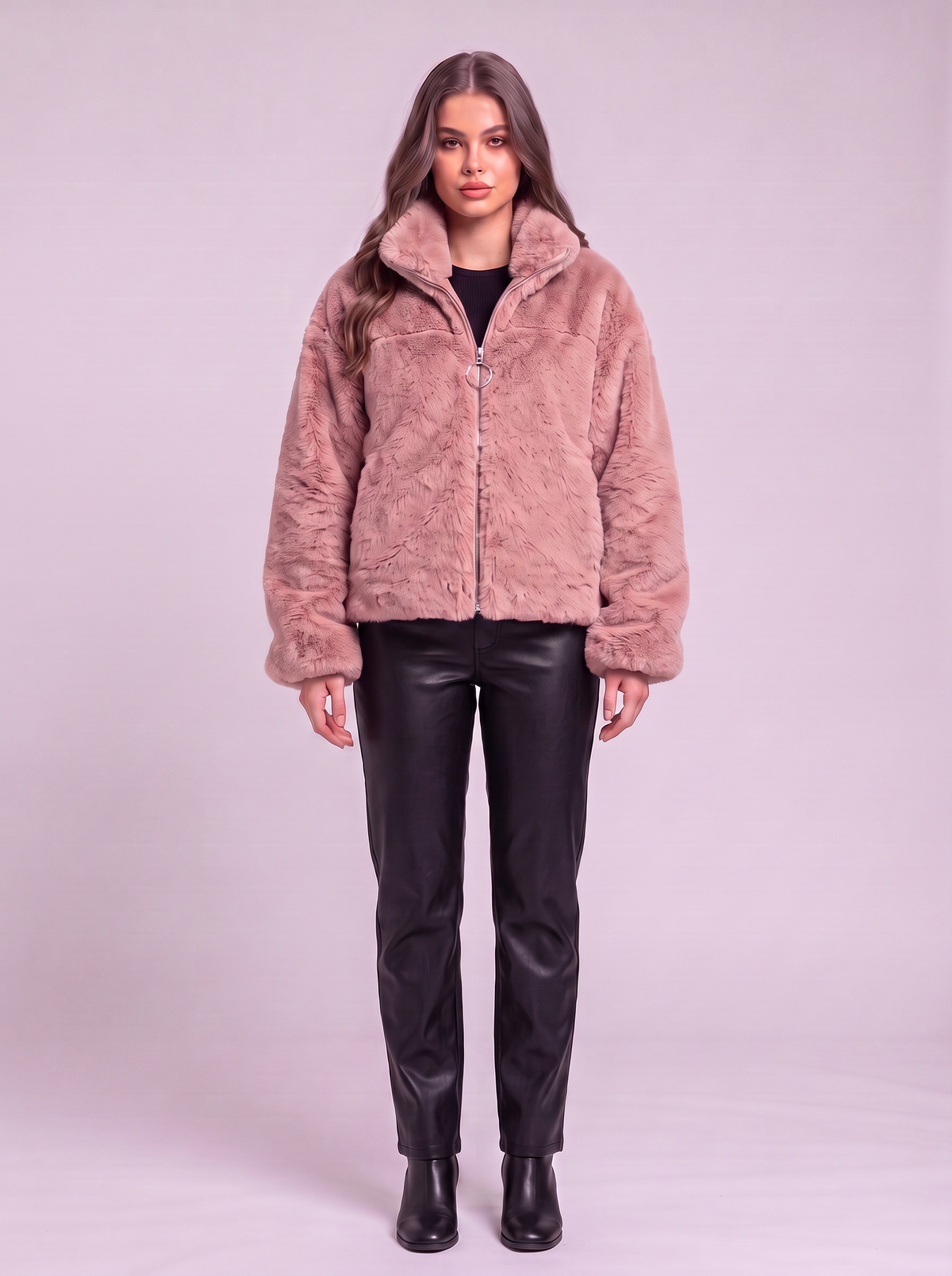 Faux Fur Cropped Zip-Up Jacket - Pink