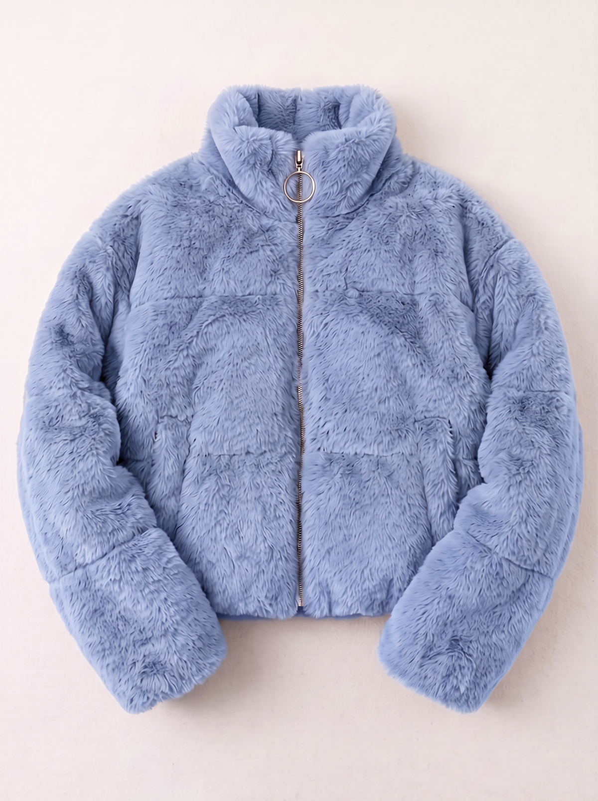 Faux Fur Cropped Zip-Up Jacket - Blue - flat lay