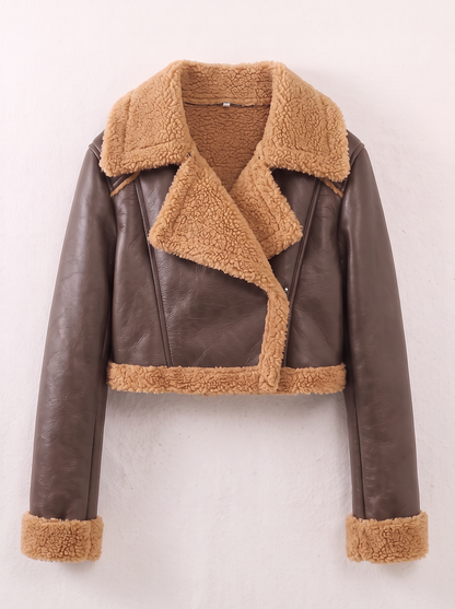 Collared Plush Cropped Jacket - Brown - flat lay