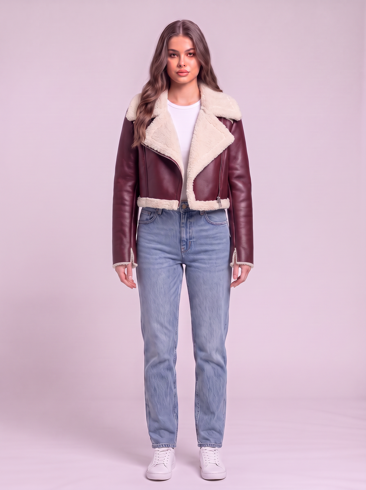 Collared Plush Cropped Jacket - Burgundy