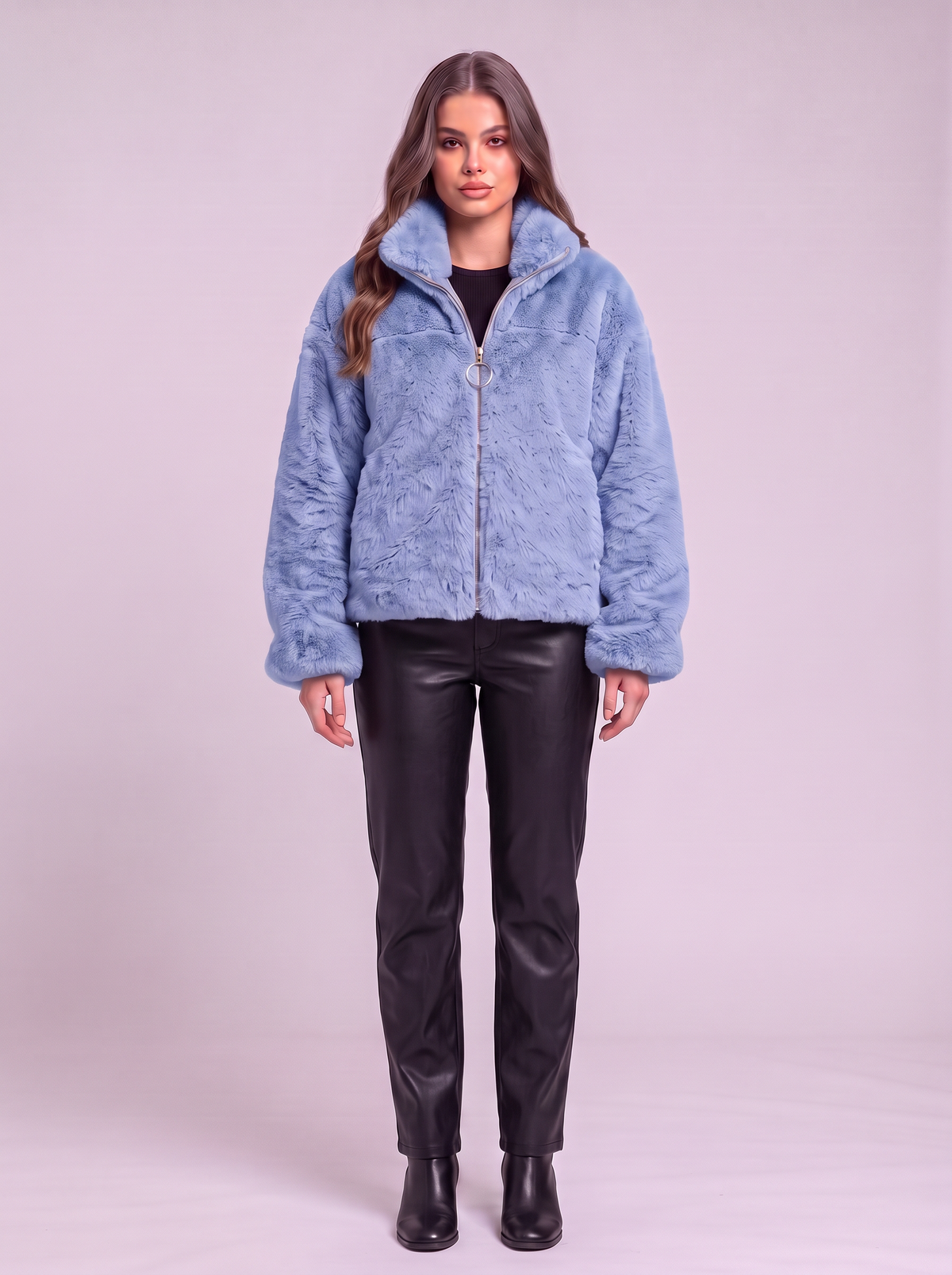 Faux Fur Cropped Zip-Up Jacket - Blue