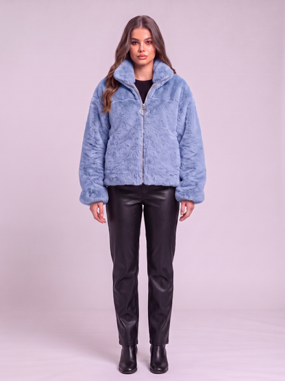 Faux Fur Cropped Zip-Up Jacket - Blue
