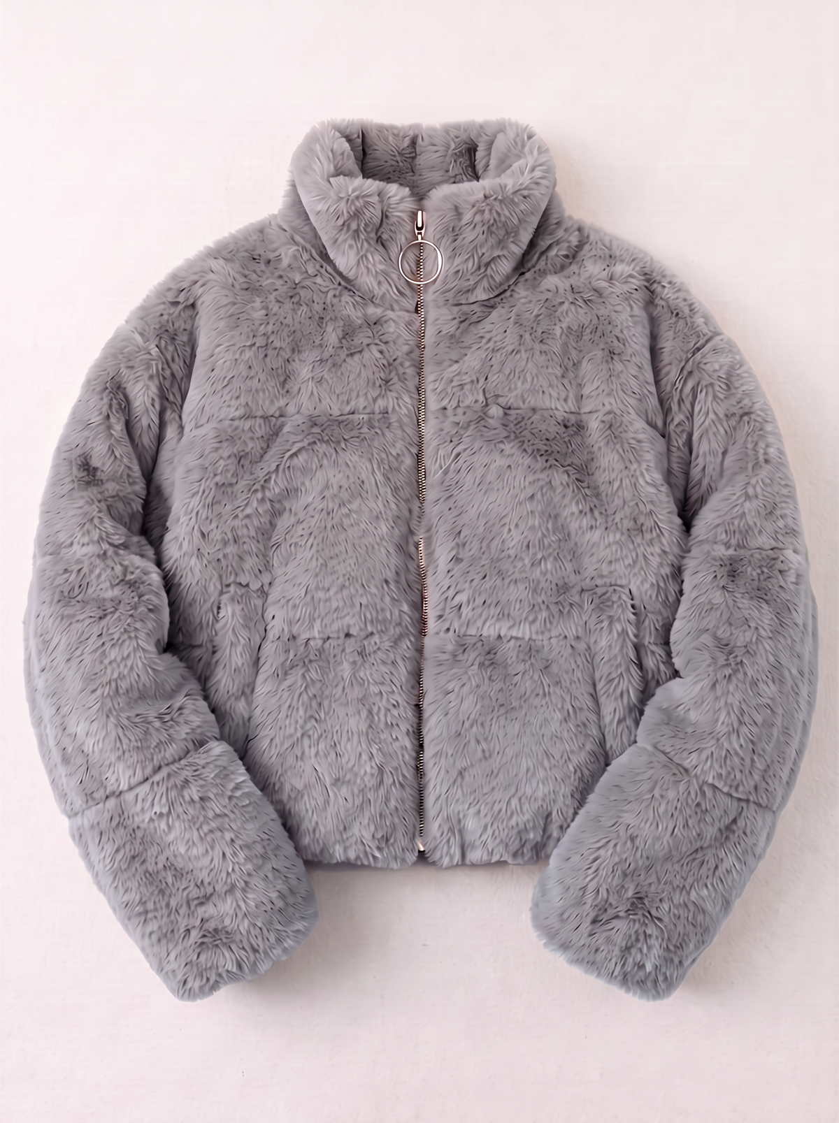Faux Fur Cropped Zip-Up Jacket - Grey - flat lay