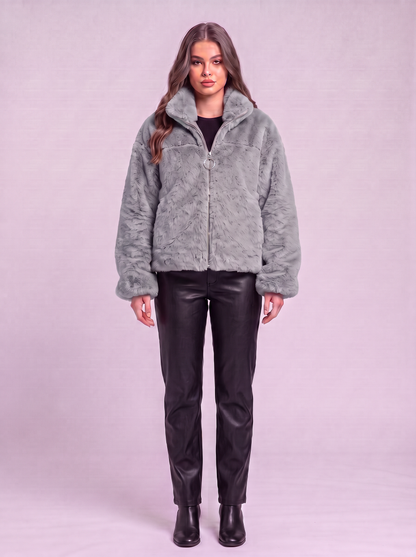 Faux Fur Cropped Zip-Up Jacket - Grey