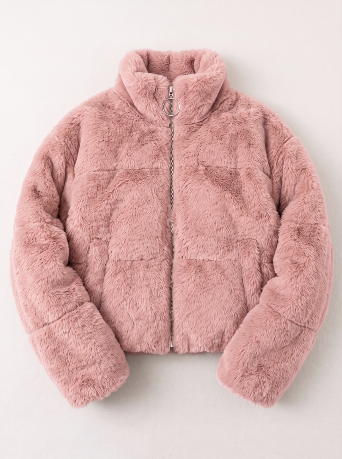 Faux Fur Cropped Zip-Up Jacket - Pink - flat lay