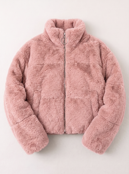 Faux Fur Cropped Zip-Up Jacket - Pink - flat lay