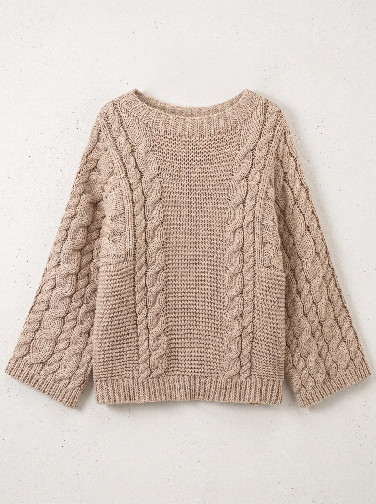Chunky Cable Knit Sweater - Light Brown - flat lay