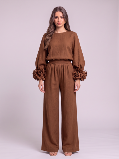 Rosette Cuff Top & Wide Leg Pants Set - Dark Brown