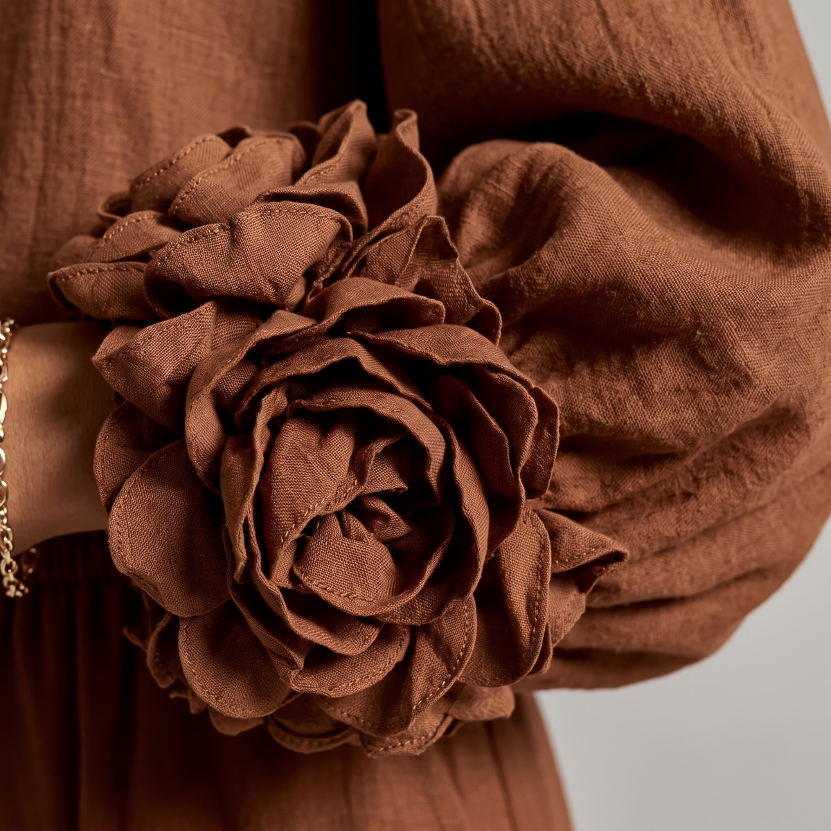 Rosette Cuff Top & Wide Leg Pants Set - Dark Brown - fabric close-up