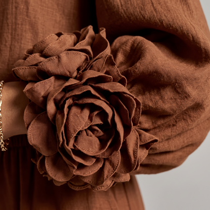 Rosette Cuff Top & Wide Leg Pants Set - Dark Brown - fabric close-up