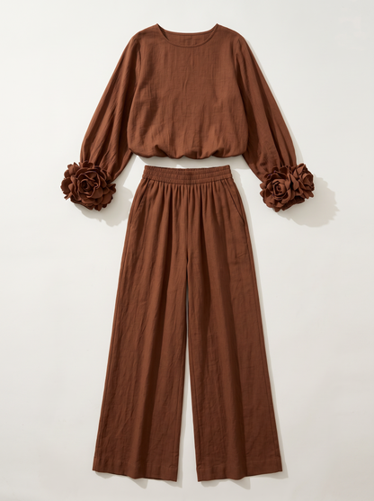 Rosette Cuff Top & Wide Leg Pants Set - Dark Brown - flat lay
