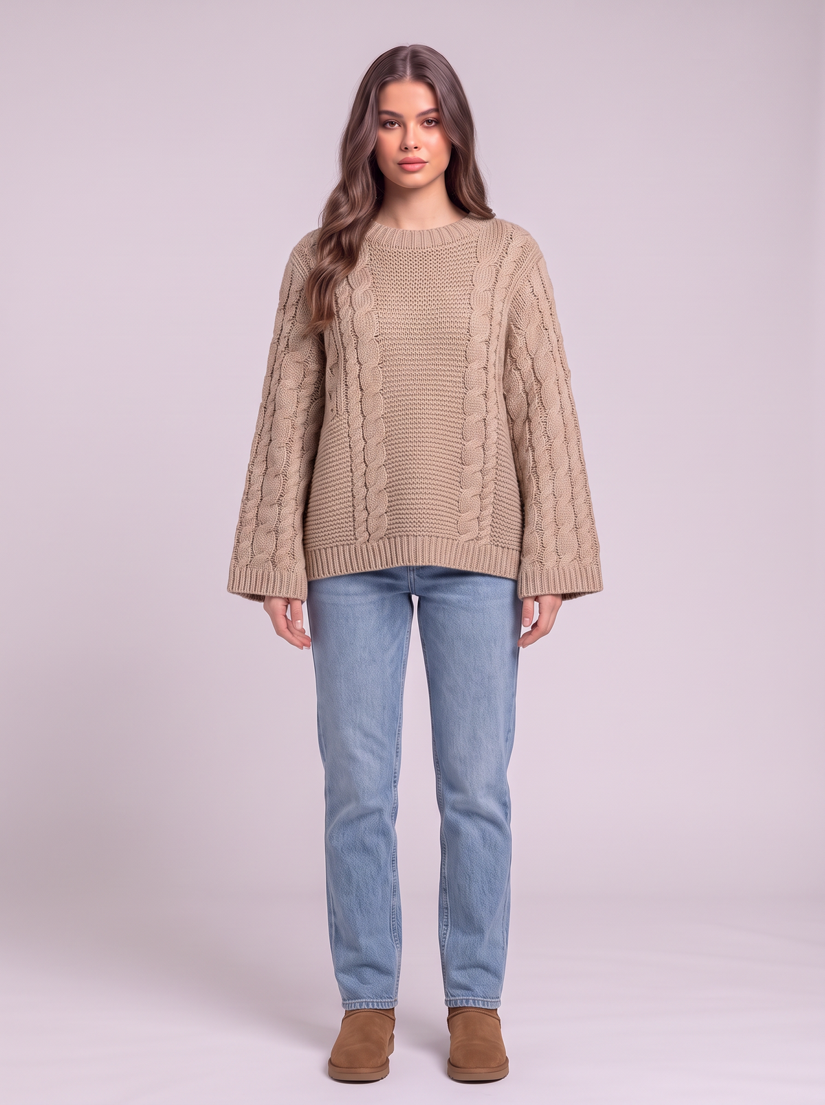 Chunky Cable Knit Sweater - Light Brown