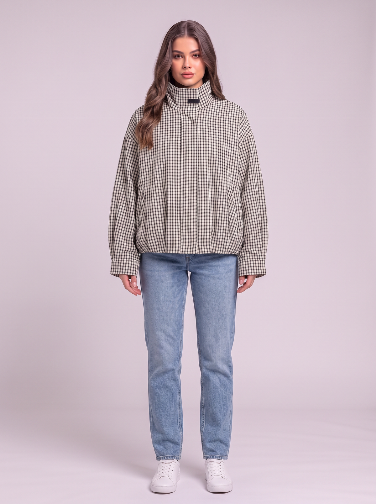 Gingham Cropped Bomber Jacket - Black/White Check