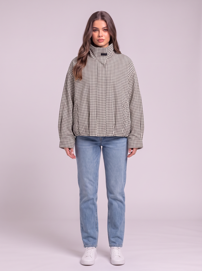 Gingham Cropped Bomber Jacket - Black/White Check