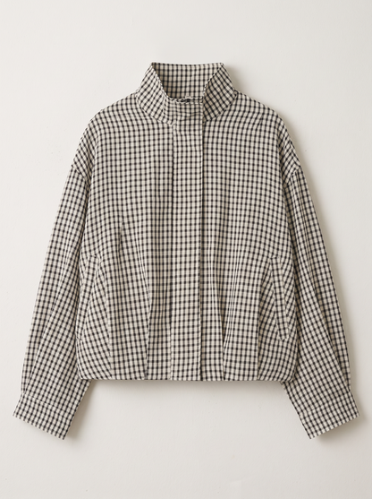 Gingham Cropped Bomber Jacket - Black/White Check - flat lay