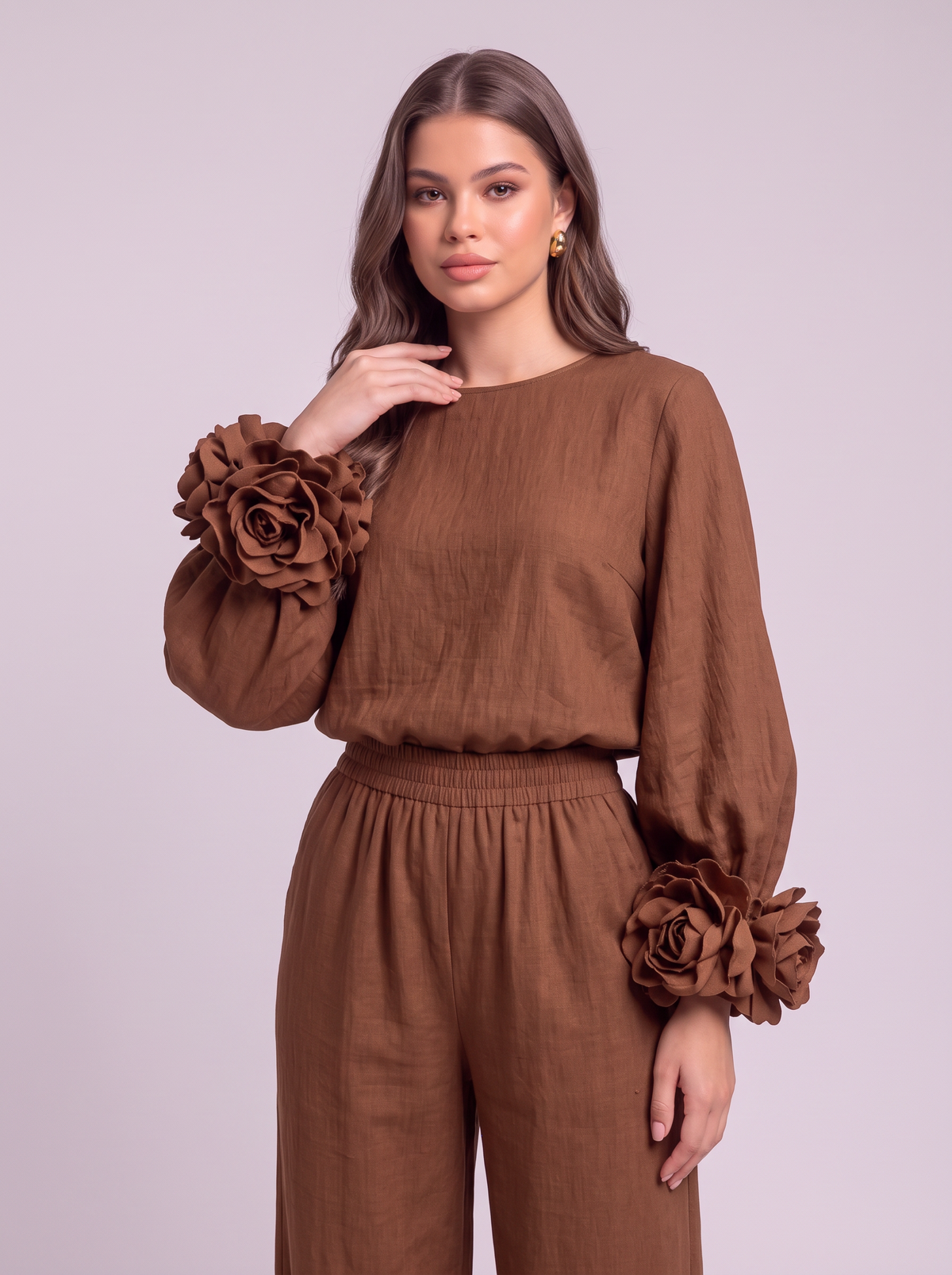 Rosette Cuff Top & Wide Leg Pants Set - Dark Brown - detail