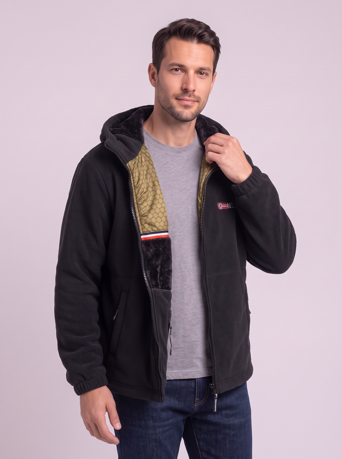 Men's Hooded Fleece Jacket - Black - detail