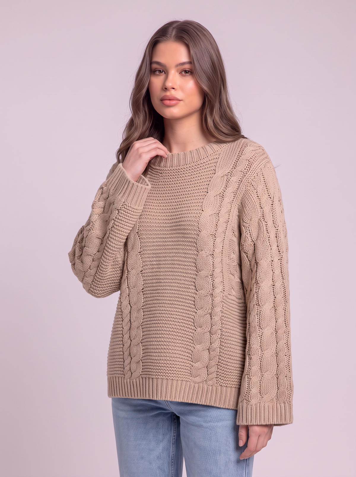 Chunky Cable Knit Sweater - Light Brown - detail