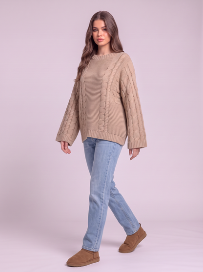 Chunky Cable Knit Sweater - Light Brown - side