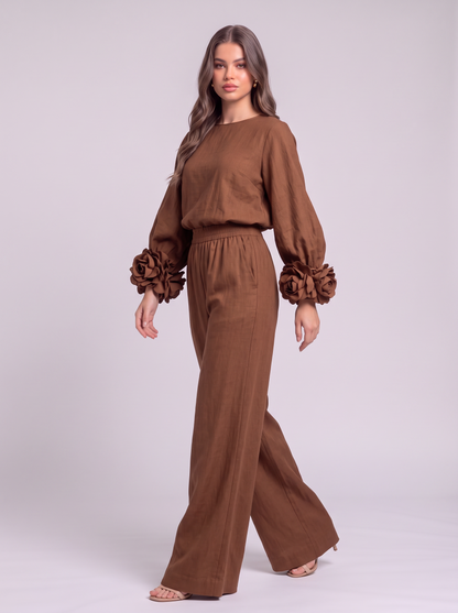 Rosette Cuff Top & Wide Leg Pants Set - Dark Brown - side