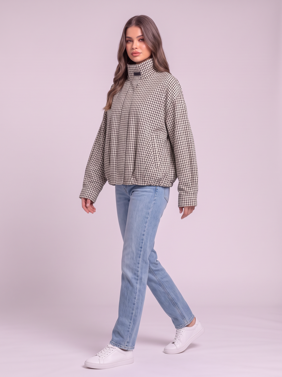 Gingham Cropped Bomber Jacket - Black/White Check - side