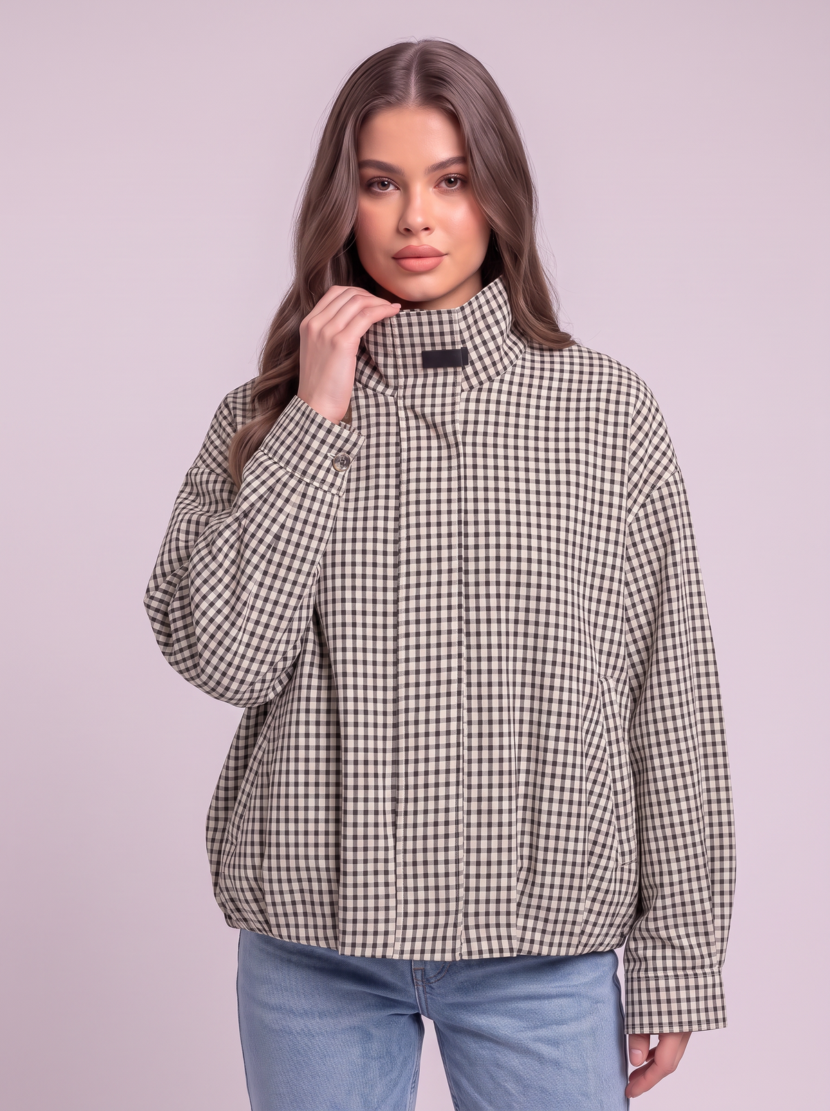 Gingham Cropped Bomber Jacket - Black/White Check - detail