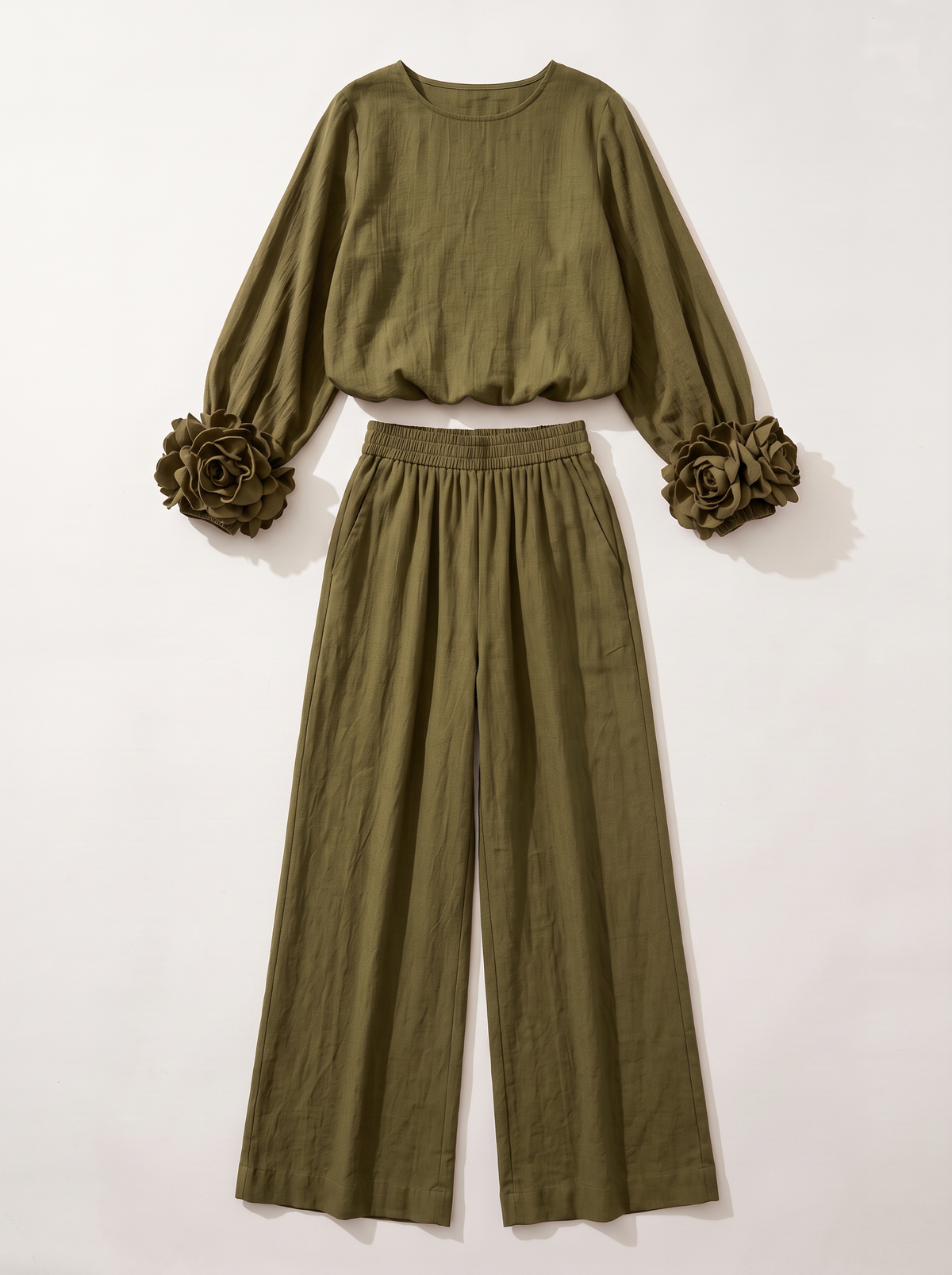 Rosette Cuff Top & Wide Leg Pants Set - Army Green - flat lay