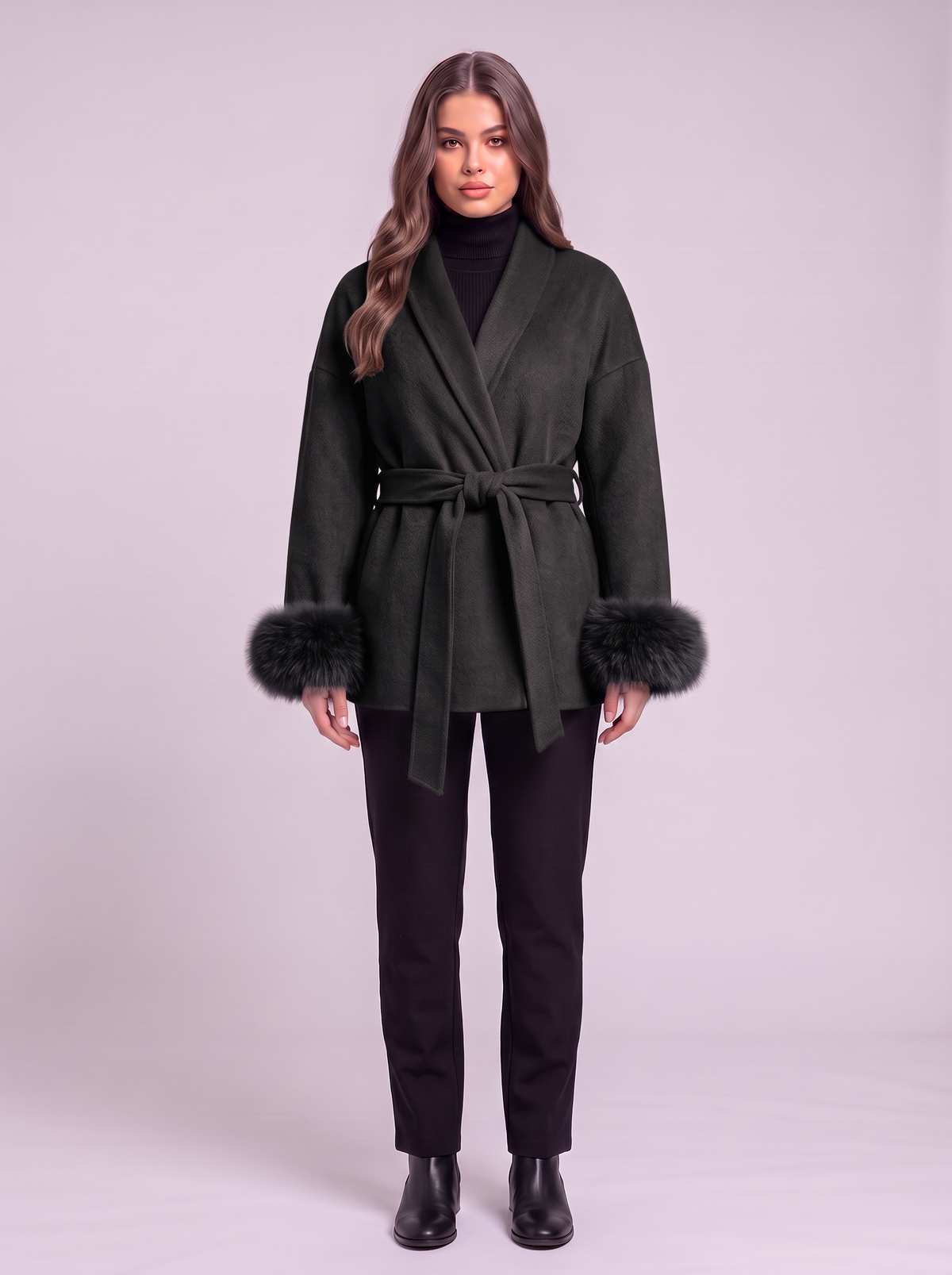 Belted Wool Wrap Coat - Black