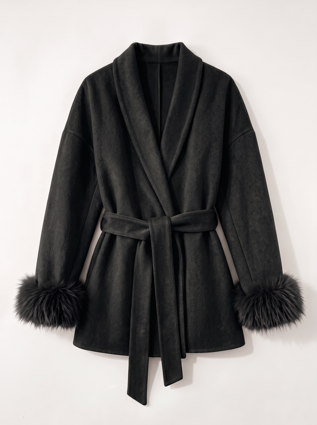 Belted Wool Wrap Coat - Black - flat lay