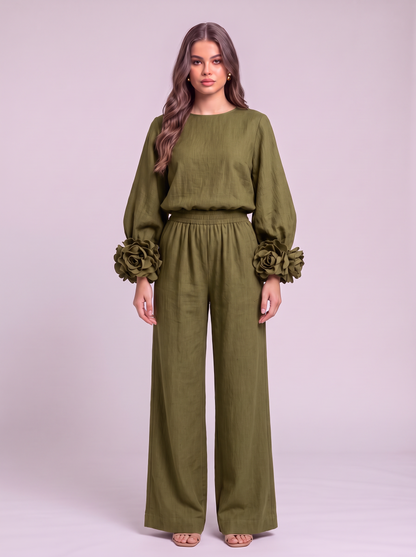 Rosette Cuff Top & Wide Leg Pants Set - Army Green