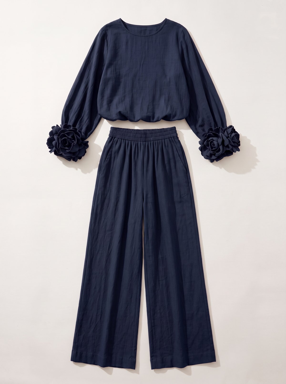 Rosette Cuff Top & Wide Leg Pants Set - Deep Blue - flat lay