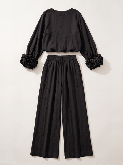 Rosette Cuff Top & Wide Leg Pants Set - Black - flat lay