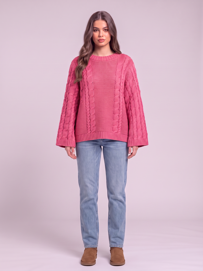 Chunky Cable Knit Sweater - Fuchsia