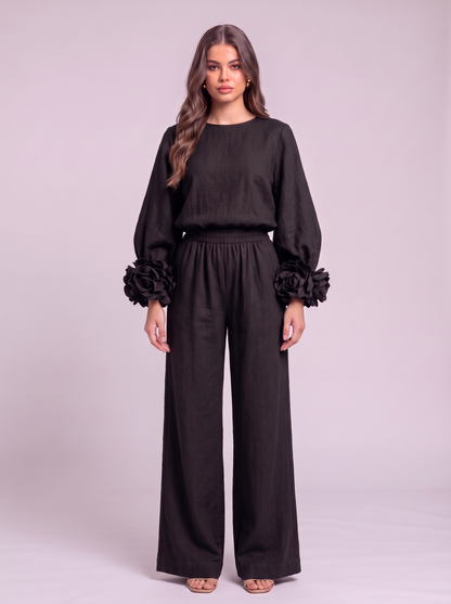 Rosette Cuff Top & Wide Leg Pants Set - Black