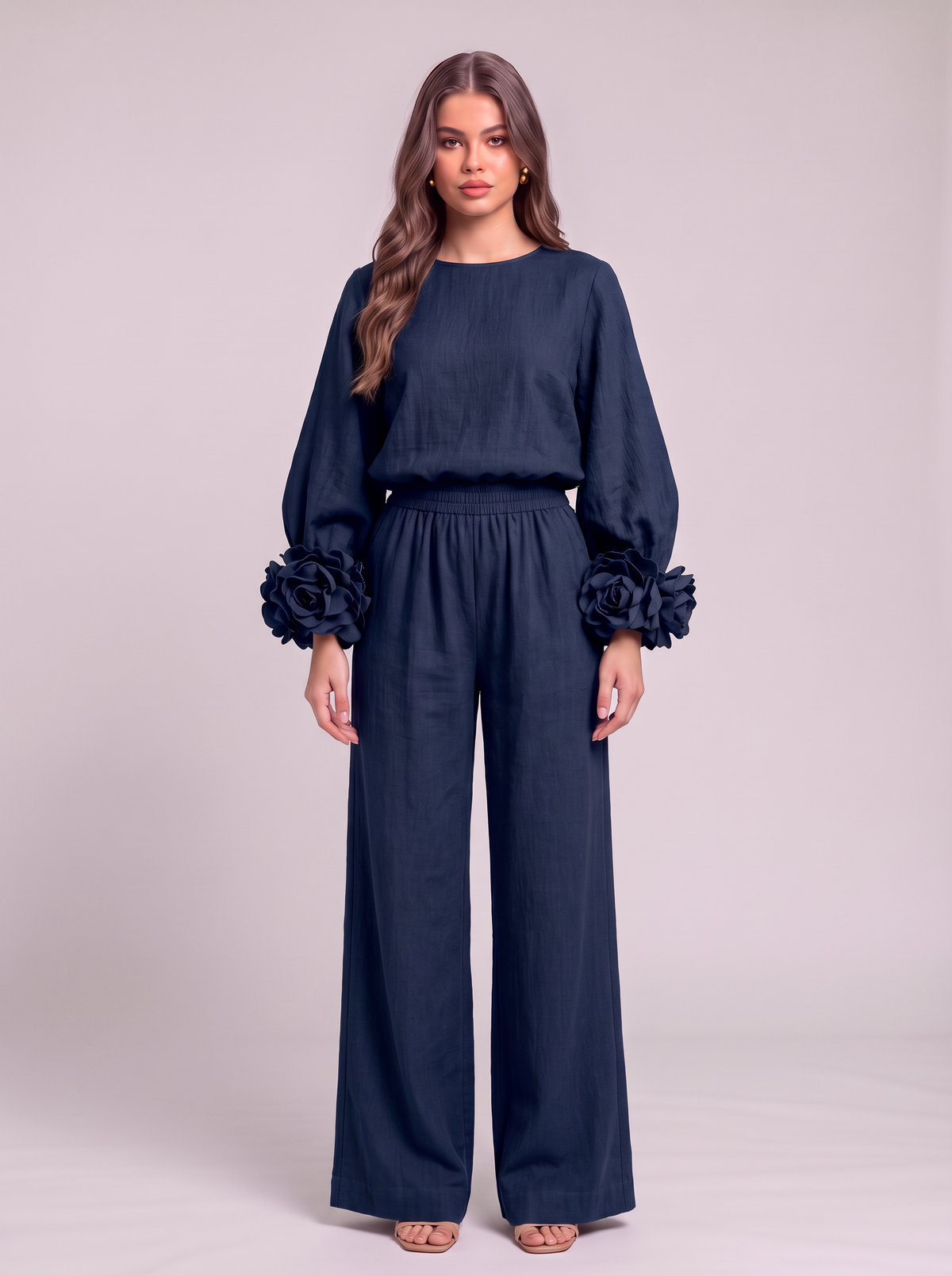 Rosette Cuff Top & Wide Leg Pants Set - Deep Blue