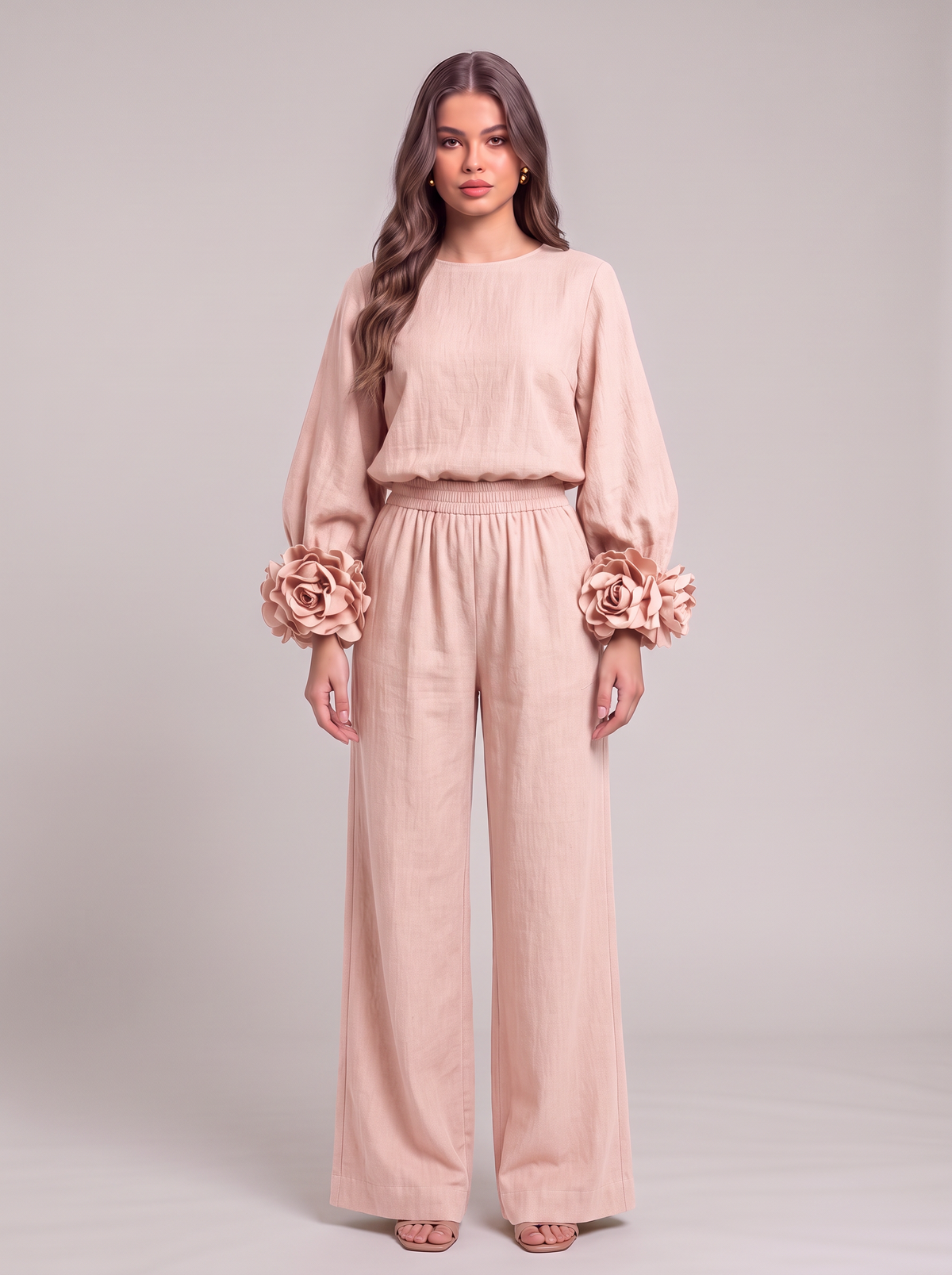 Rosette Cuff Top & Wide Leg Pants Set - Pink