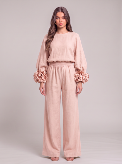 Rosette Cuff Top & Wide Leg Pants Set - Pink