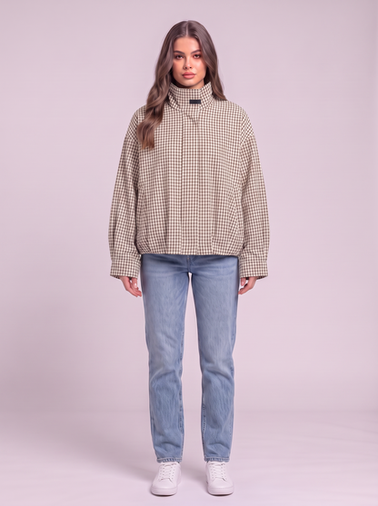 Gingham Cropped Bomber Jacket - Khaki