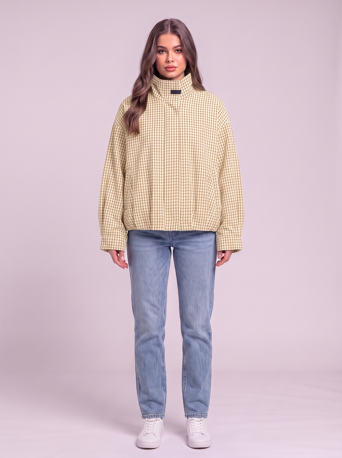 Gingham Cropped Bomber Jacket - Light Yellow