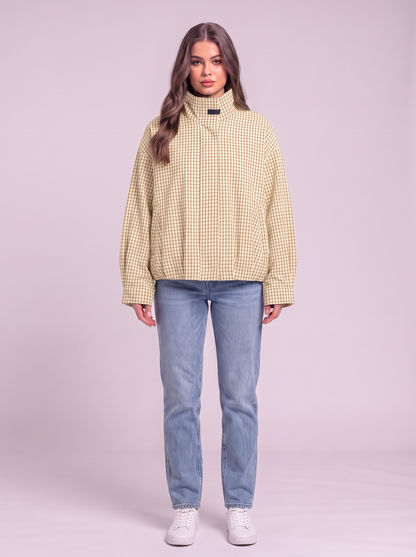 Gingham Cropped Bomber Jacket - Light Yellow